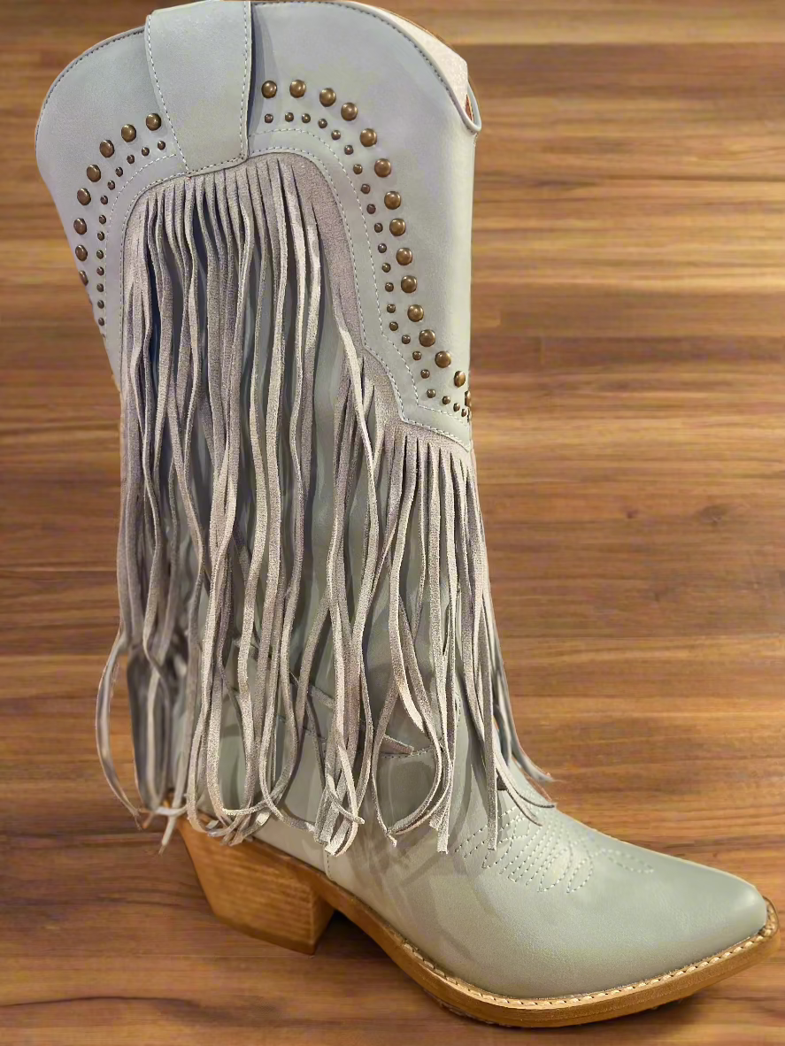 Blue Fringe Studded Western Cowgirl Boot