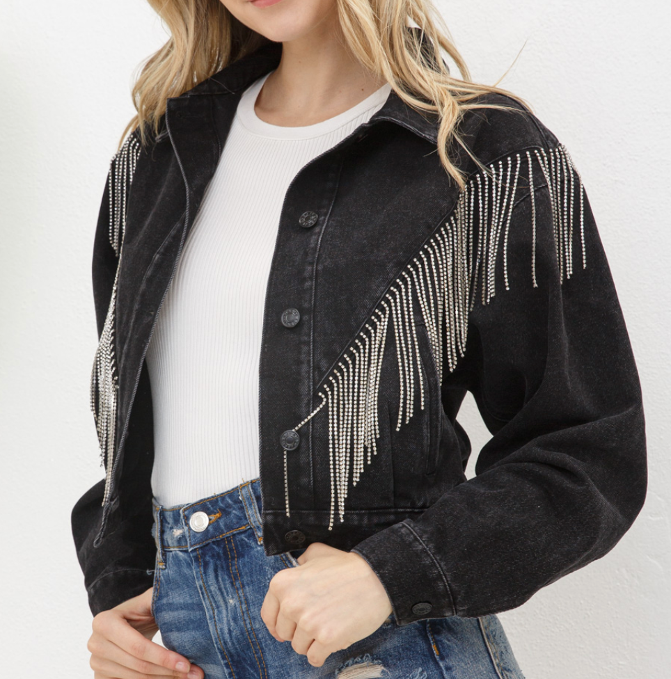 Denim Chevron Fringe Jacket- Black
