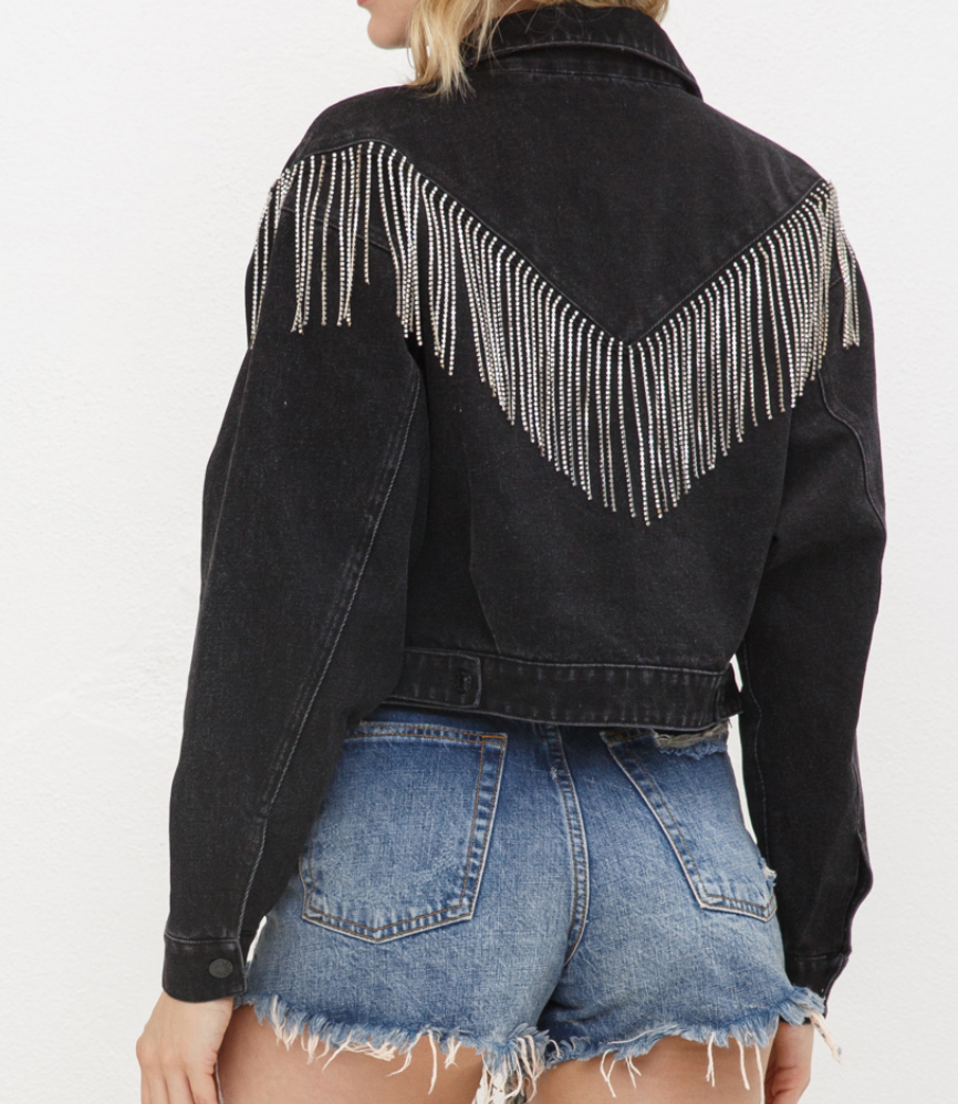Denim Chevron Fringe Jacket- Black