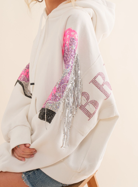 Terry Sequin Cowgirl Boots Pullover Hoodie