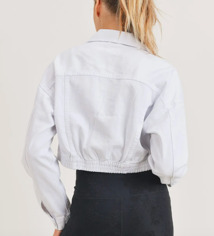 Cropped White Denim Jacket with Ribbed Hem