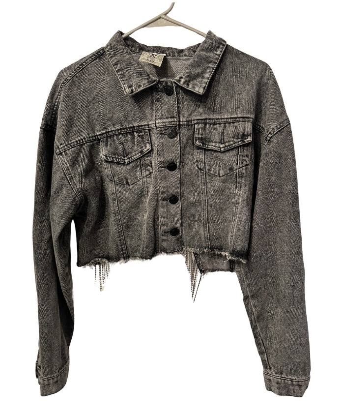 Distressed Denim with Rhinestone Fringe Back