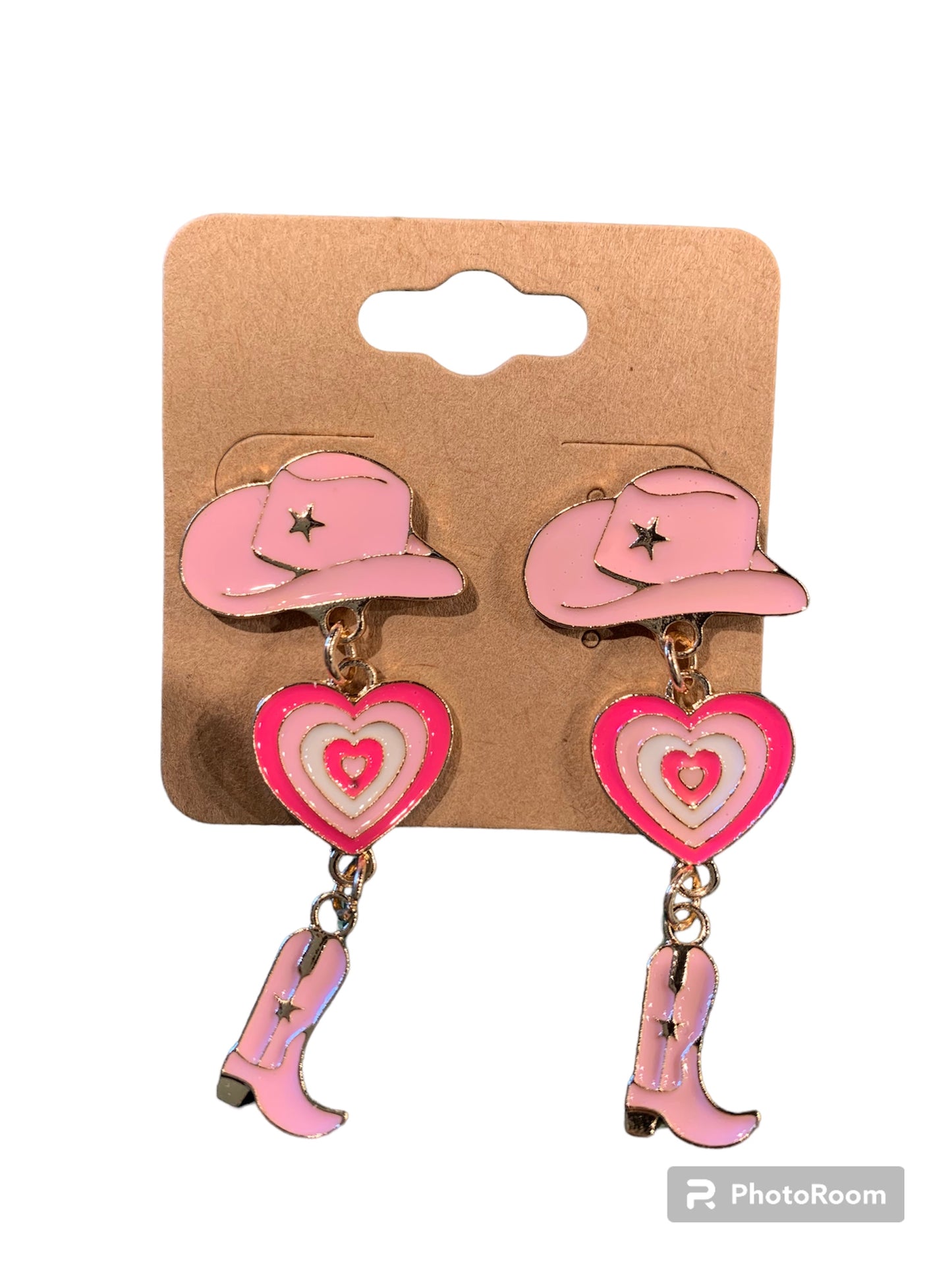 Pink heart boot and hat dangle earrings