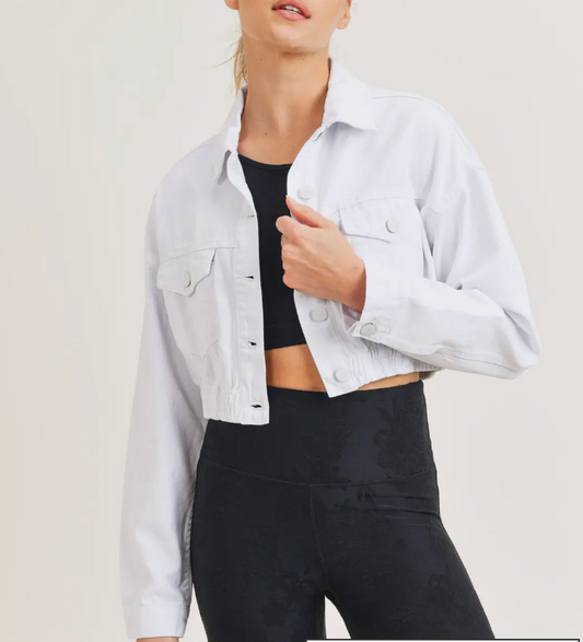 Cropped White Denim Jacket with Ribbed Hem