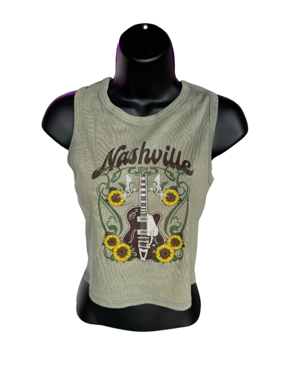 Nashville Sunflower Guitar Olive Tank