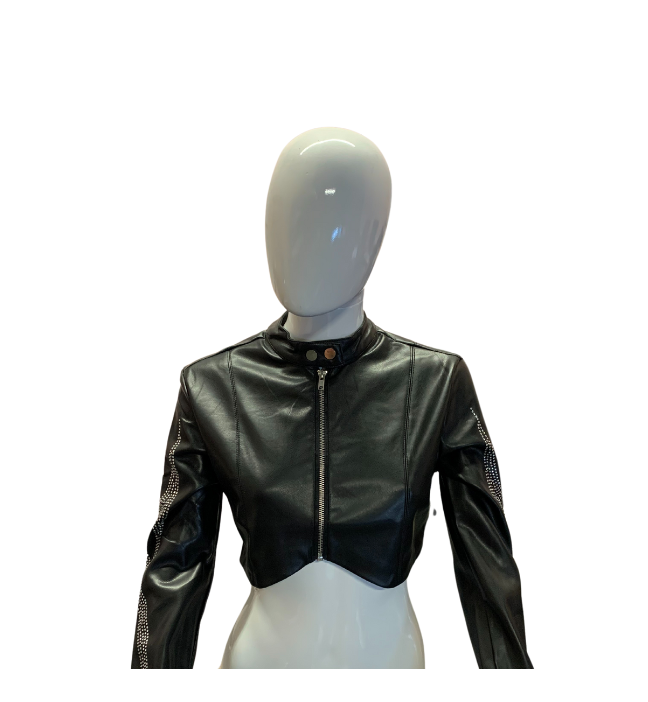 Black Leather Rhinestone Cropped Motorcycle Jacket