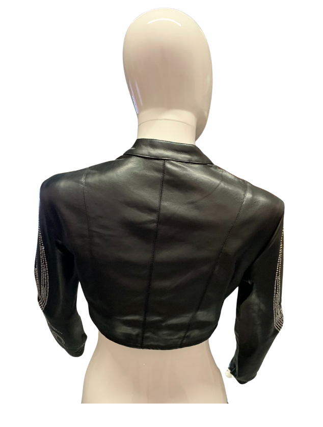 Black Leather Rhinestone Cropped Motorcycle Jacket