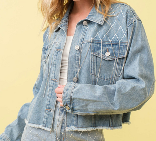 Light Denim Criss Cross Rhinestone Jacket