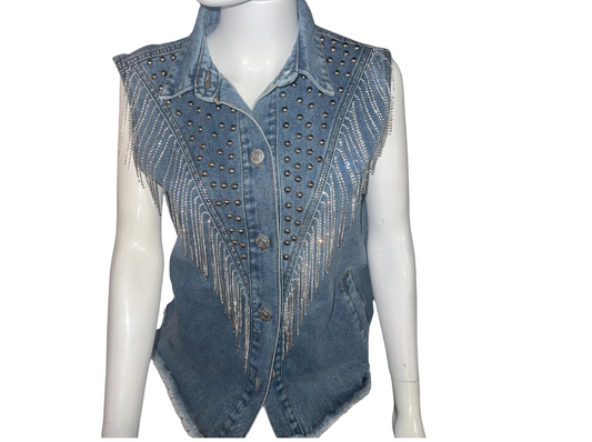 Rhinestone Fringe Denim Vest