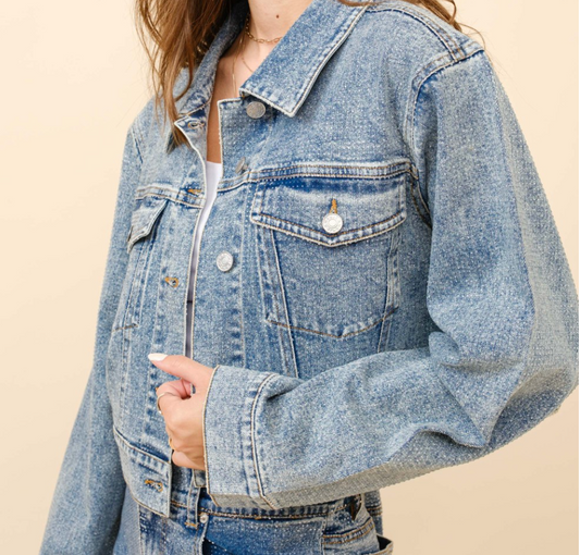 Clear Crystal Cropped Denim Jacket