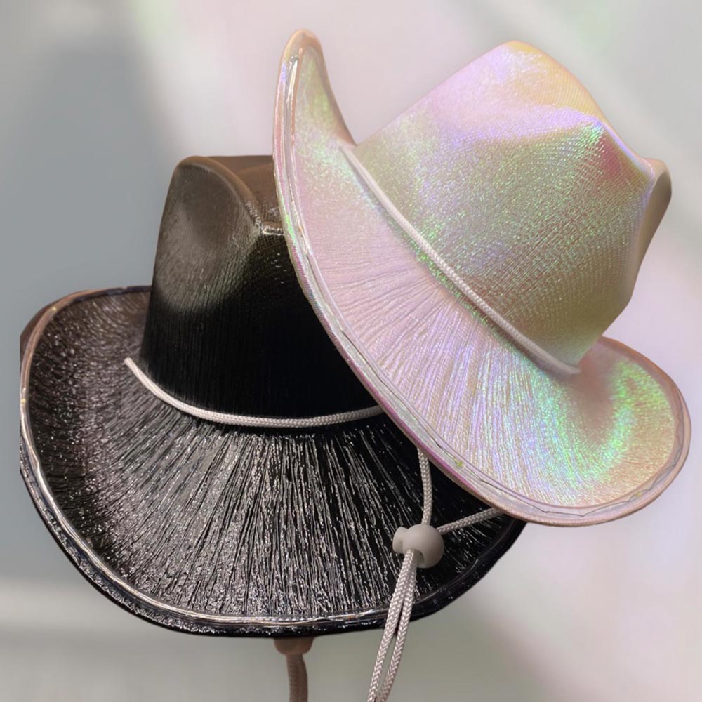 Bachelorette Party Supplies | Holographic Light Up Cowgirl Hat White Black