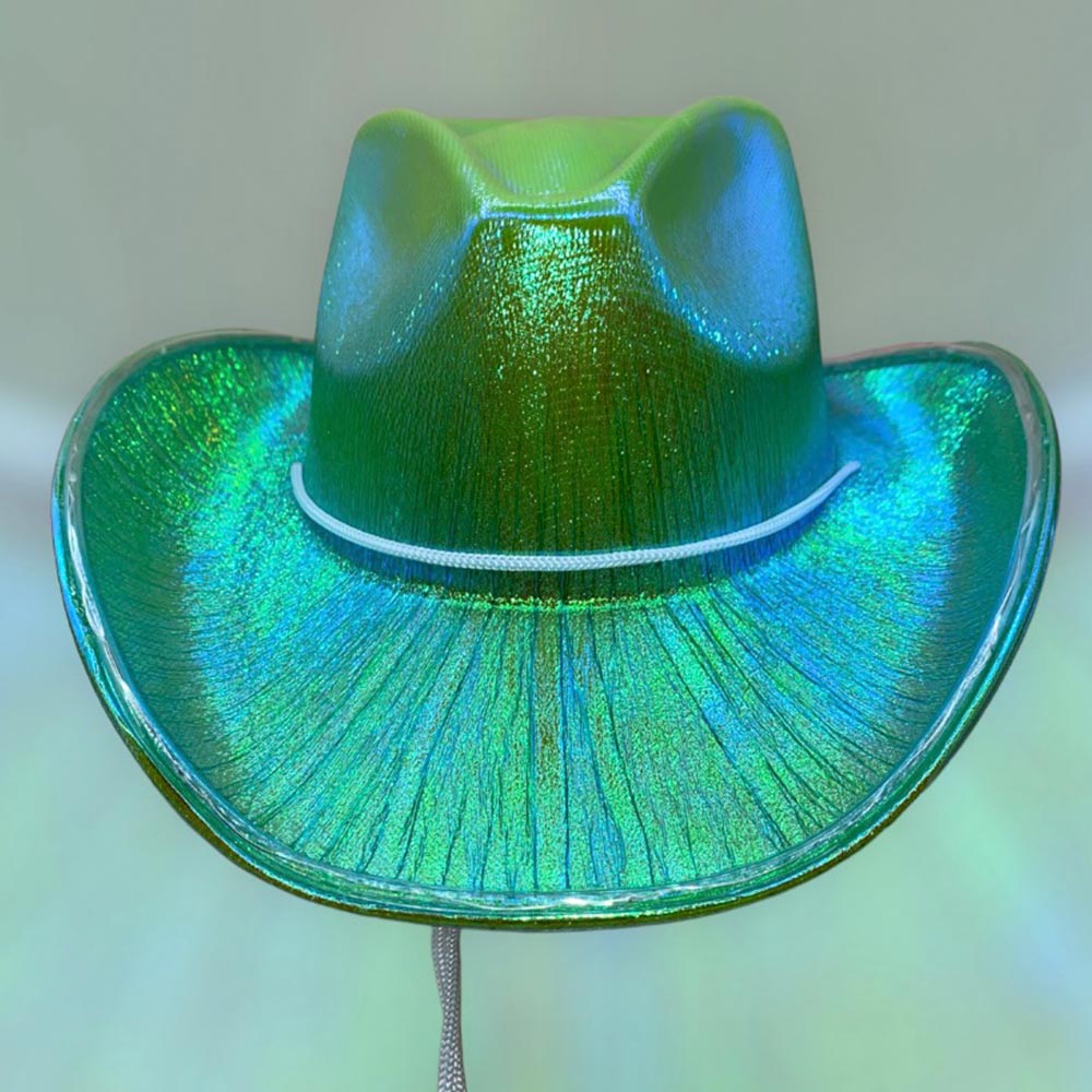 Bachelorette Party Supplies | Holographic Light Up Cowgirl Hat Green