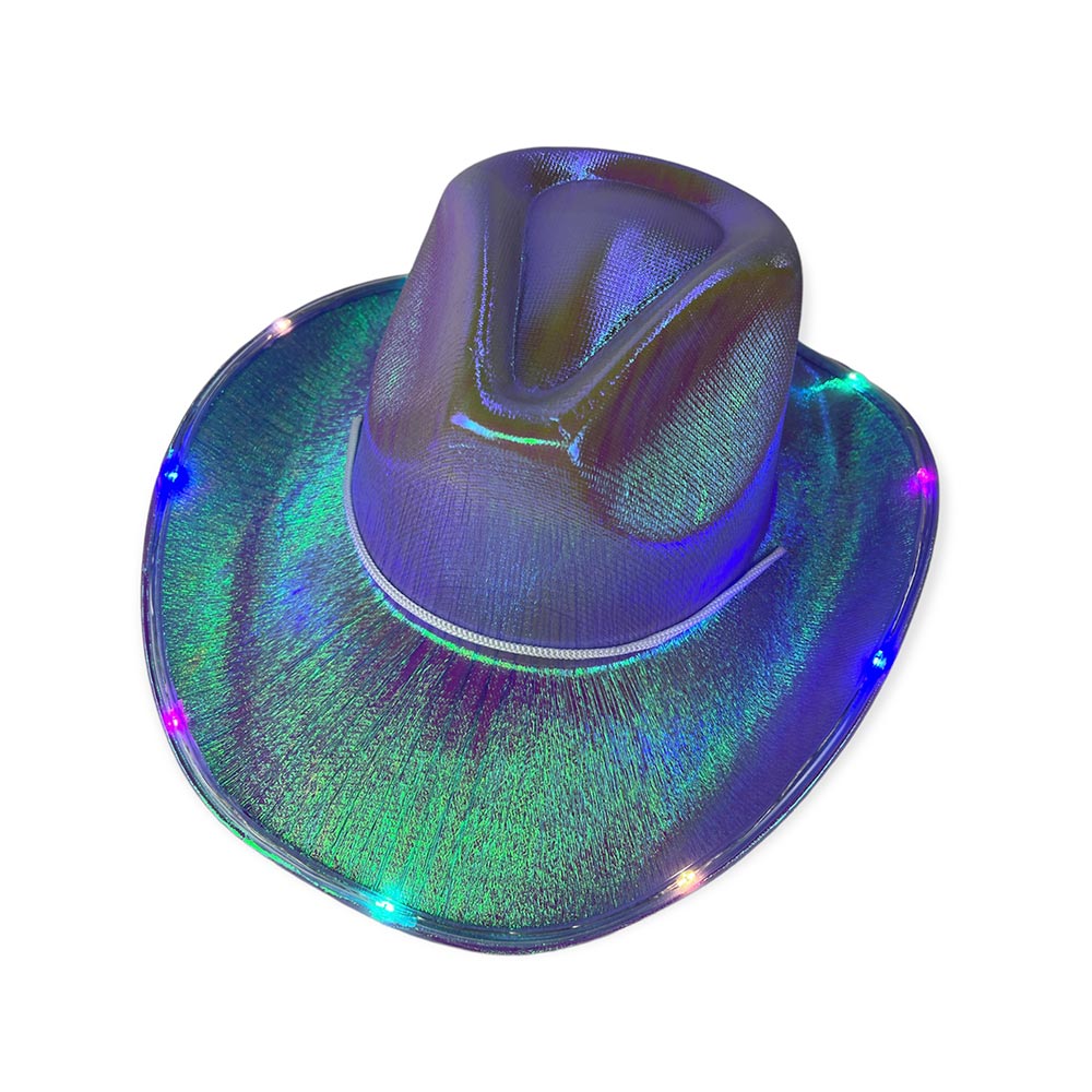 Bachelorette Party Supplies | Holographic Light Up Cowgirl Hat Purple