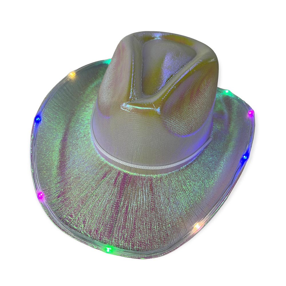 Bachelorette Party Supplies | Holographic Light Up Cowgirl Hat White