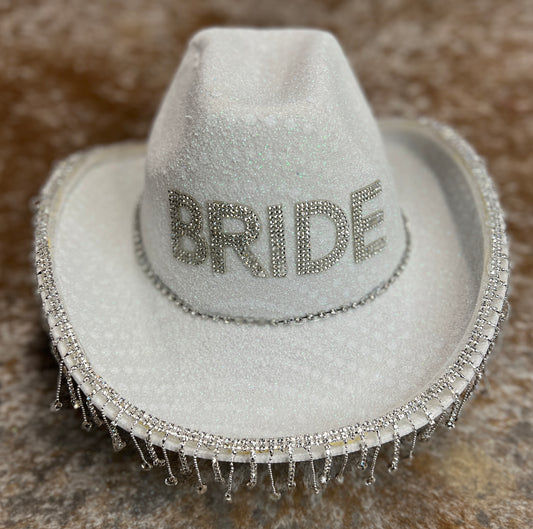 White BRIDE Rhinestone Tassel Cowboy Hat