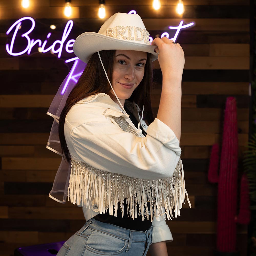 Bachelorette Party Supplies | White Bride with Veil Cowgirl Hat
